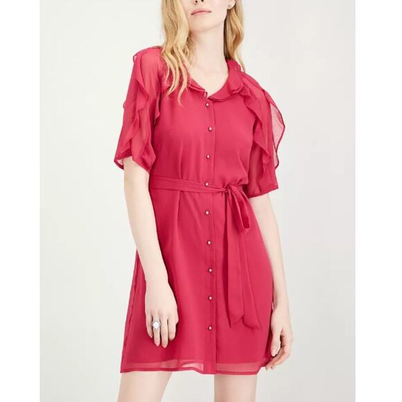 NEW MAISON JULES Red Ruffle Short Sleeve Belted Shirt Dress Size S - Picture 3 of 10